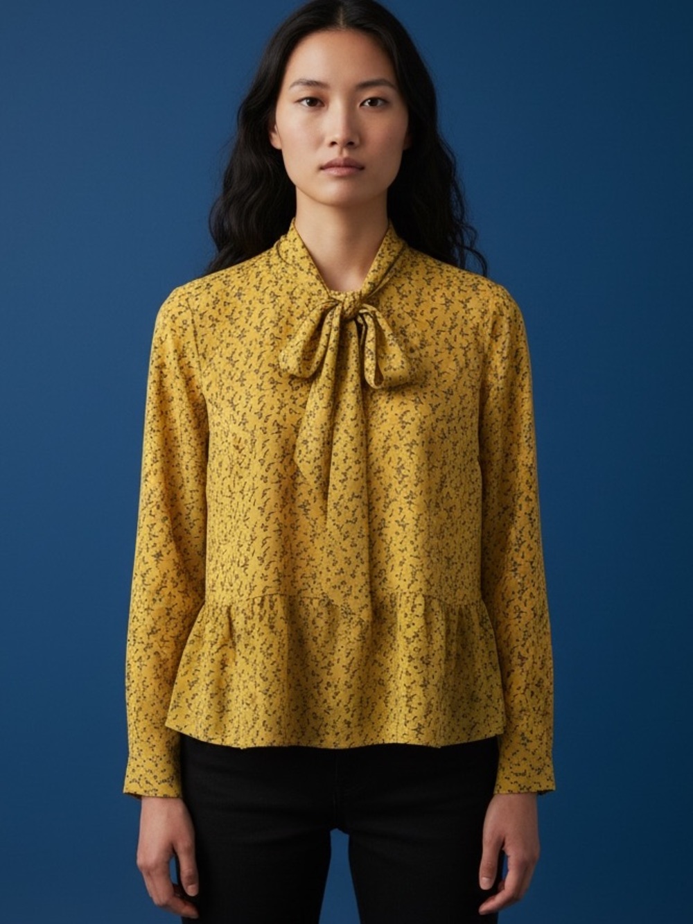 ❤️ LOFT Sunny Yellow Floral Chiffon Tie Neck Long Sleeved Blouse
